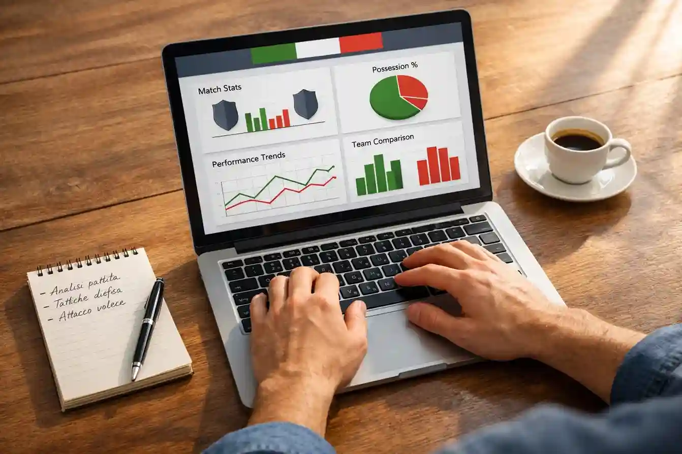 Persona che analizza statistiche di calcio su un laptop con appunti e penna