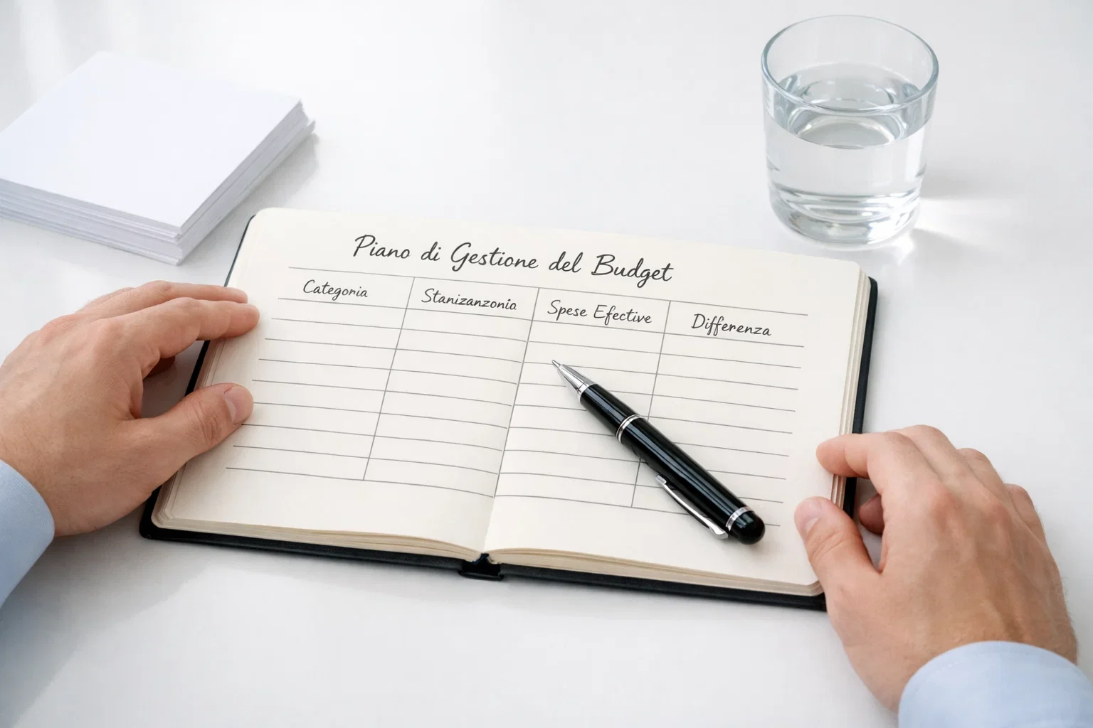 Persona che pianifica il proprio budget per le scommesse con taccuino e penna su una scrivania ordinata