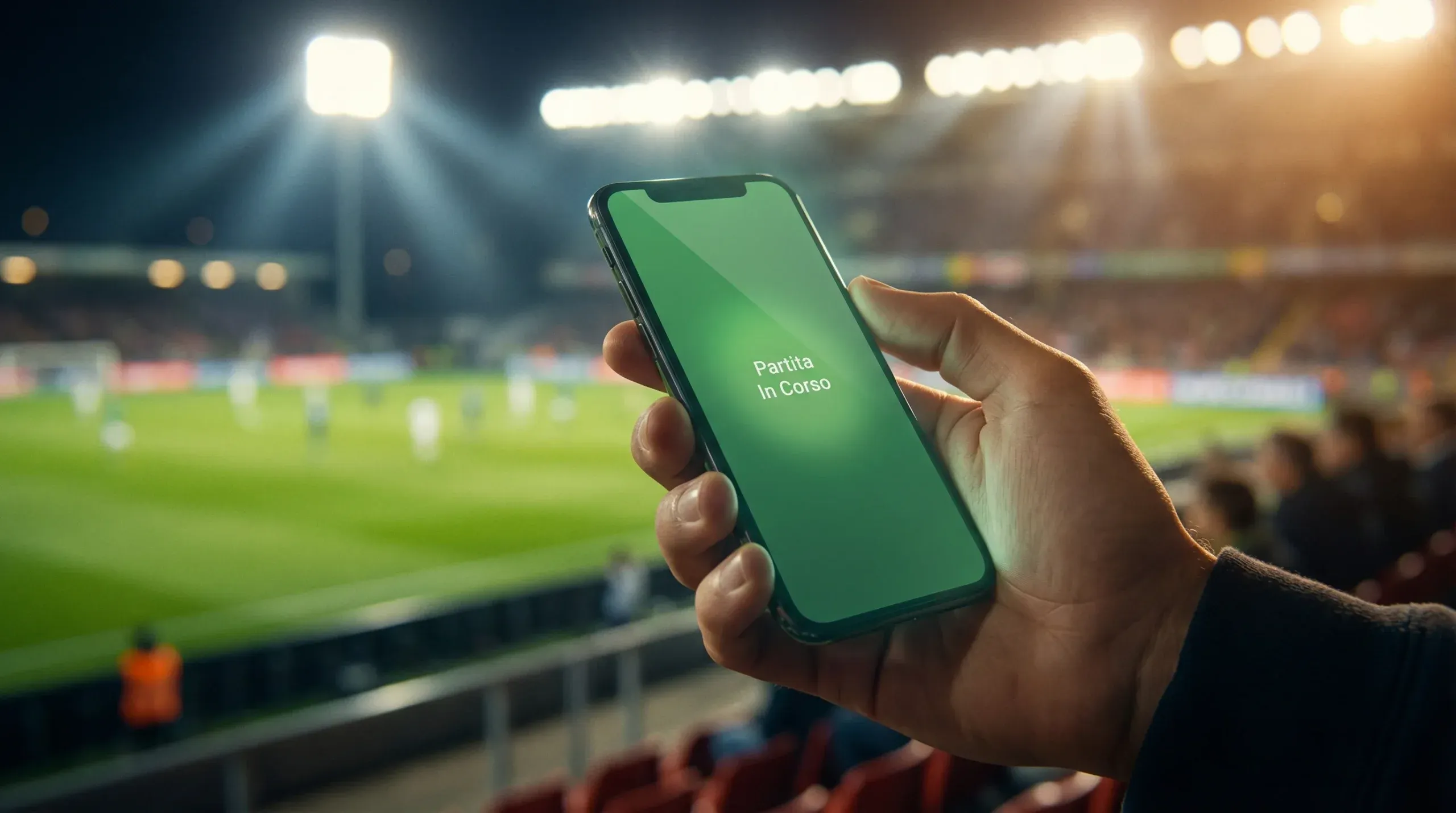 Mano che preme un pulsante verde su uno smartphone durante una partita di calcio