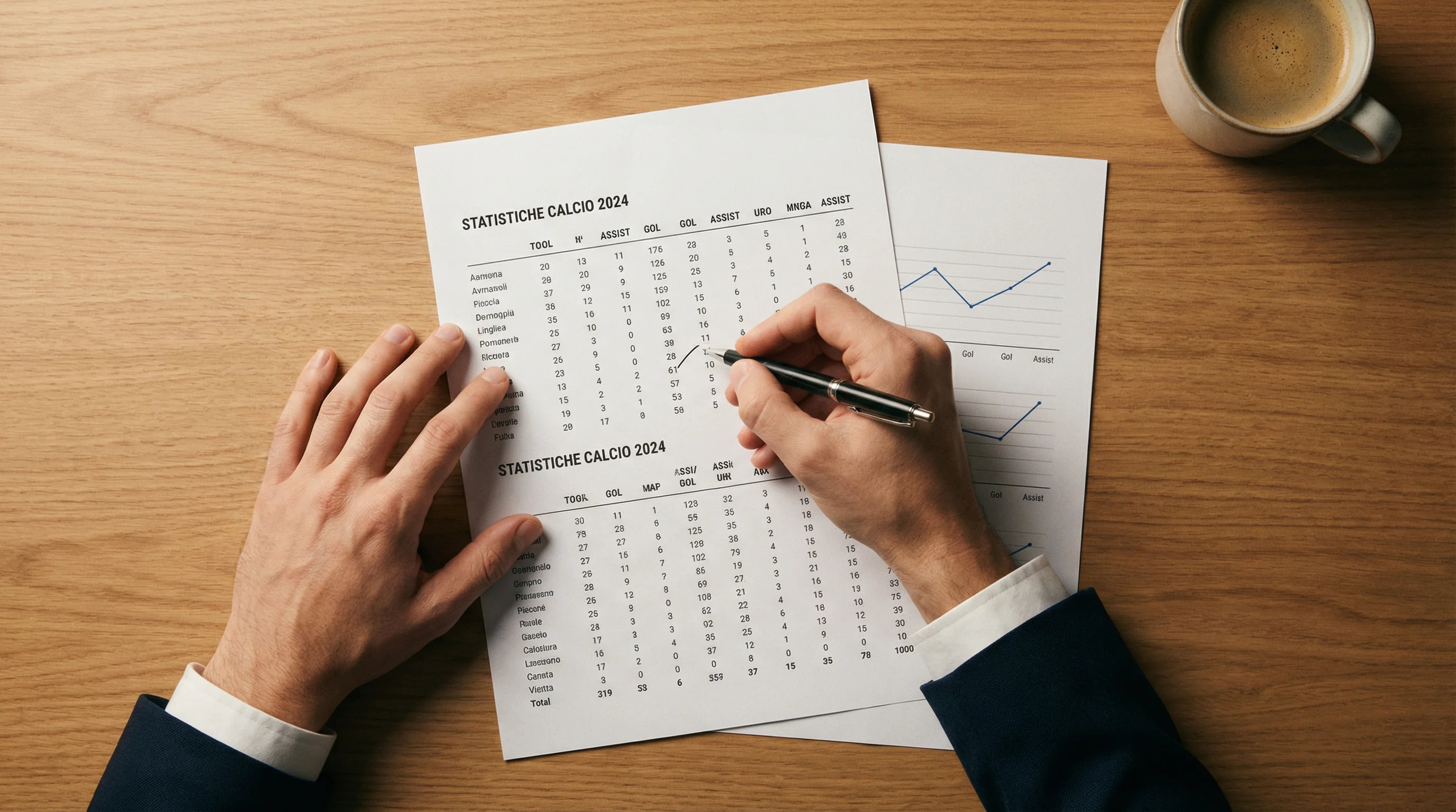 Persona che analizza dati sportivi e statistiche su fogli di carta a una scrivania