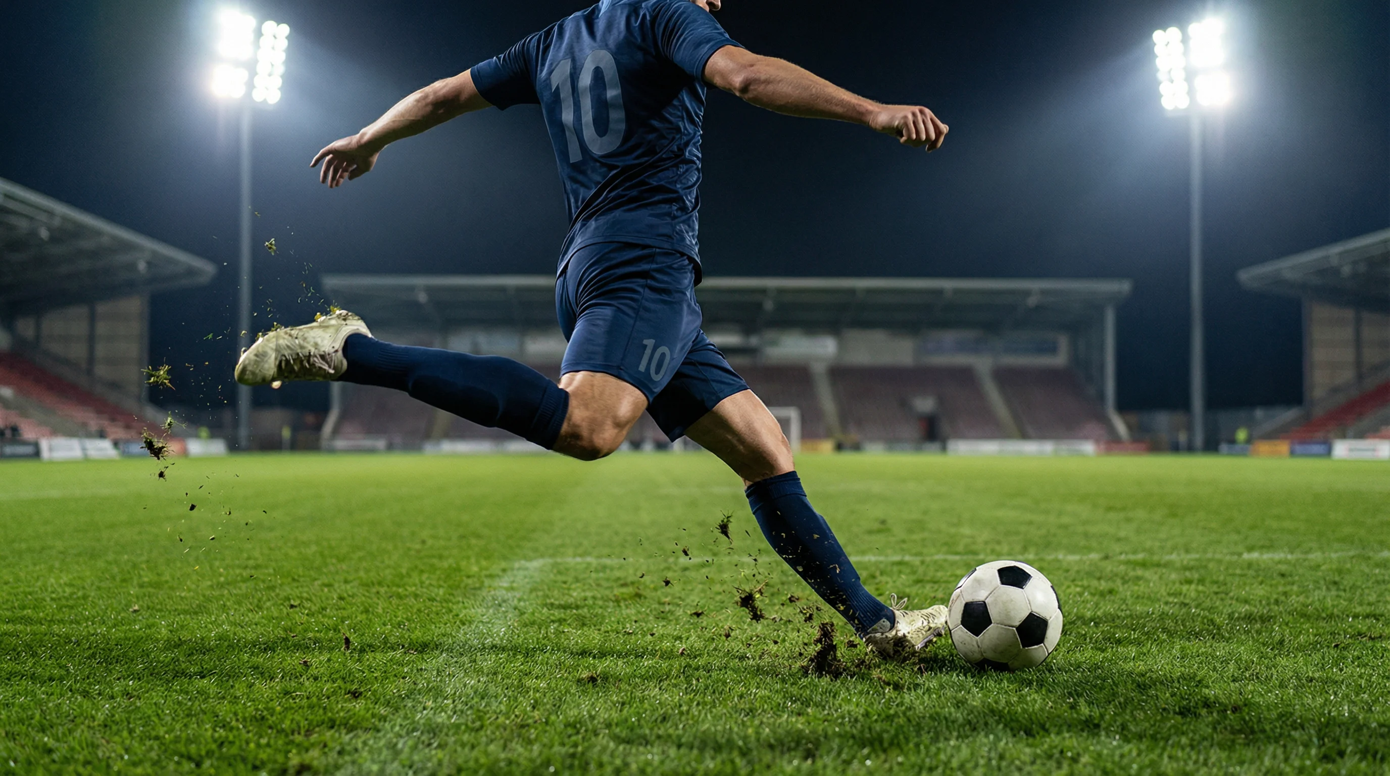 Giocatore di calcio che calcia il pallone durante una partita su campo in erba