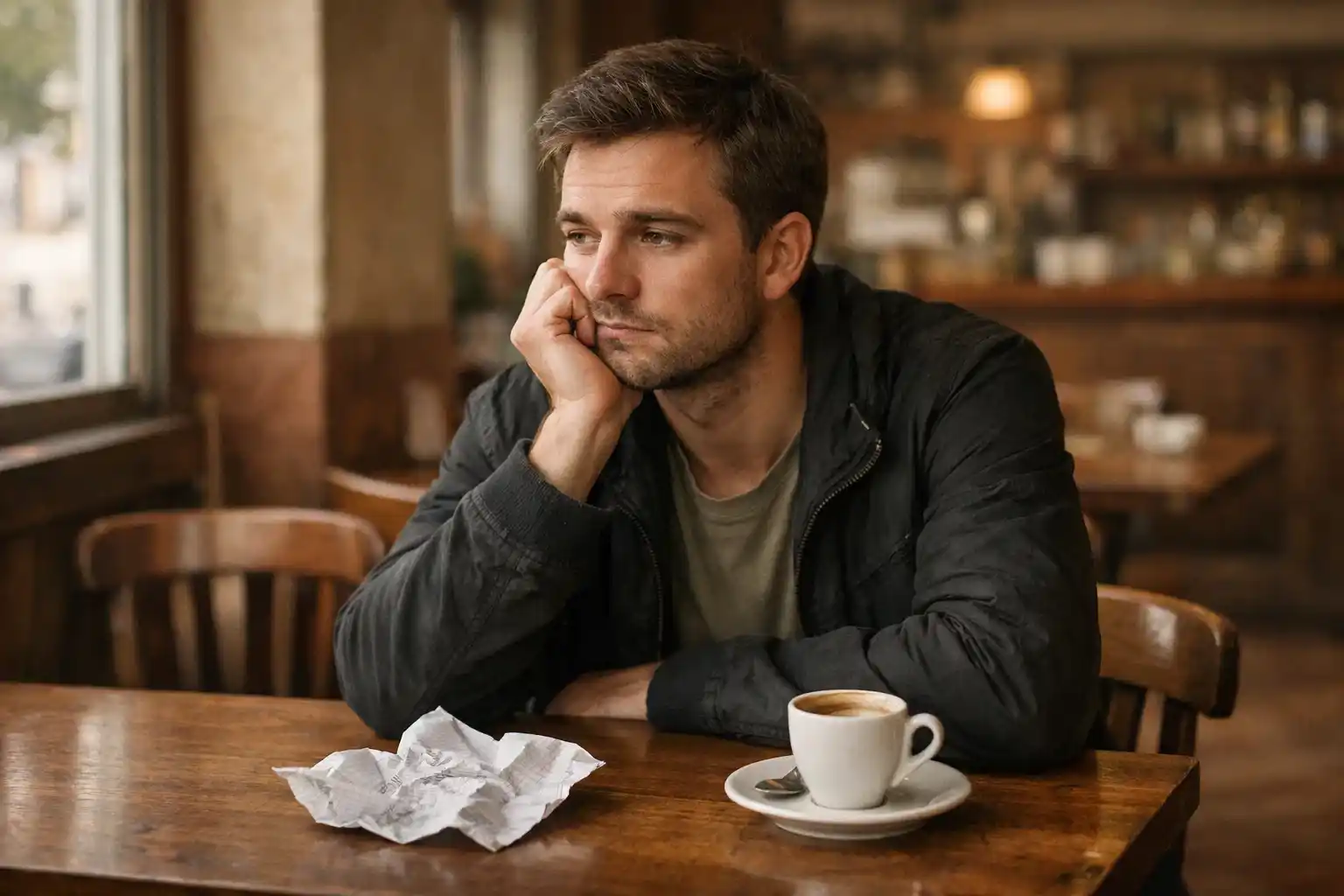 Scommettitore frustrato davanti a una schedina perdente con espressione pensierosa