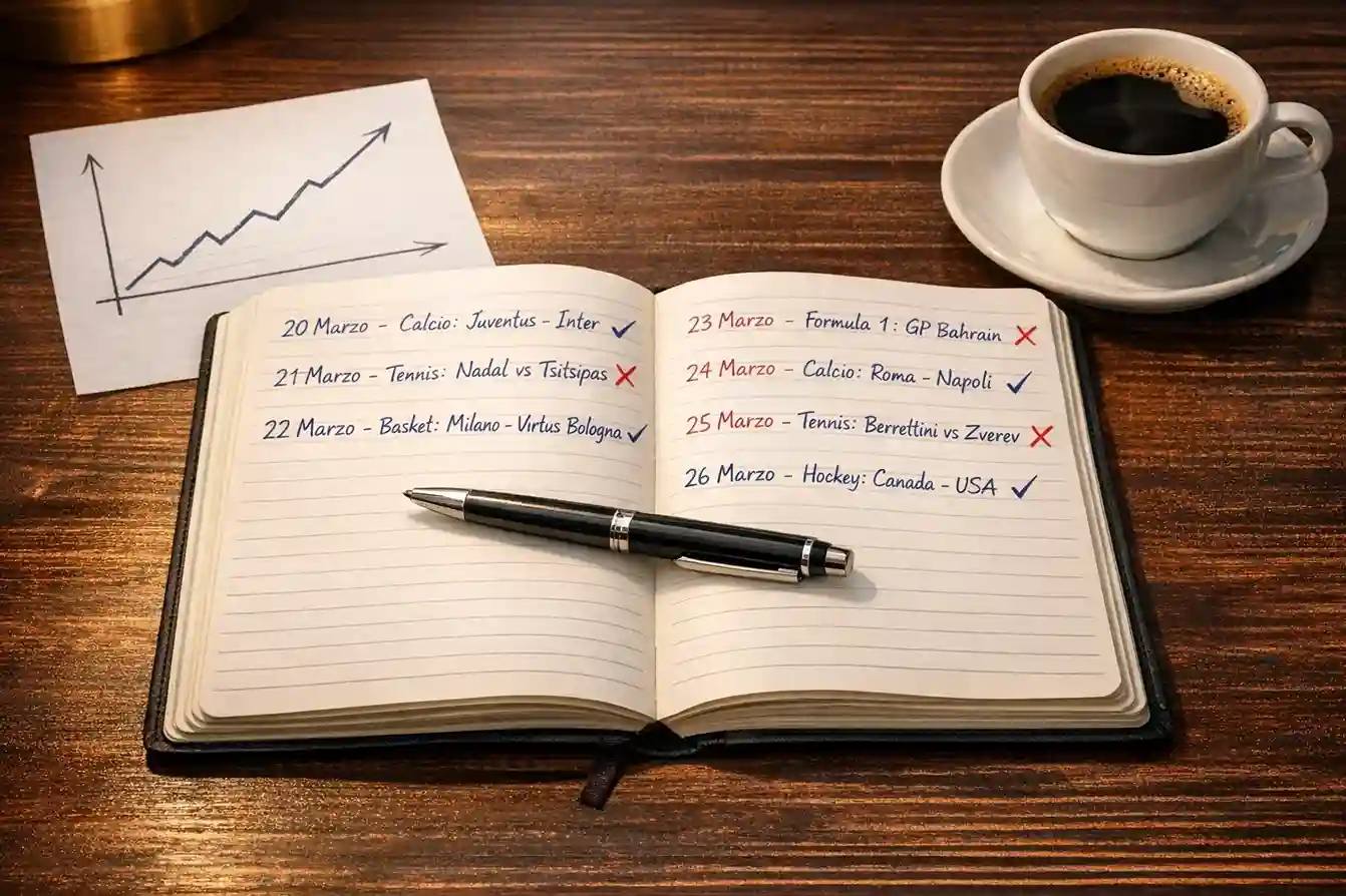 Quaderno con appunti e penna su una scrivania per la gestione del bankroll scommesse