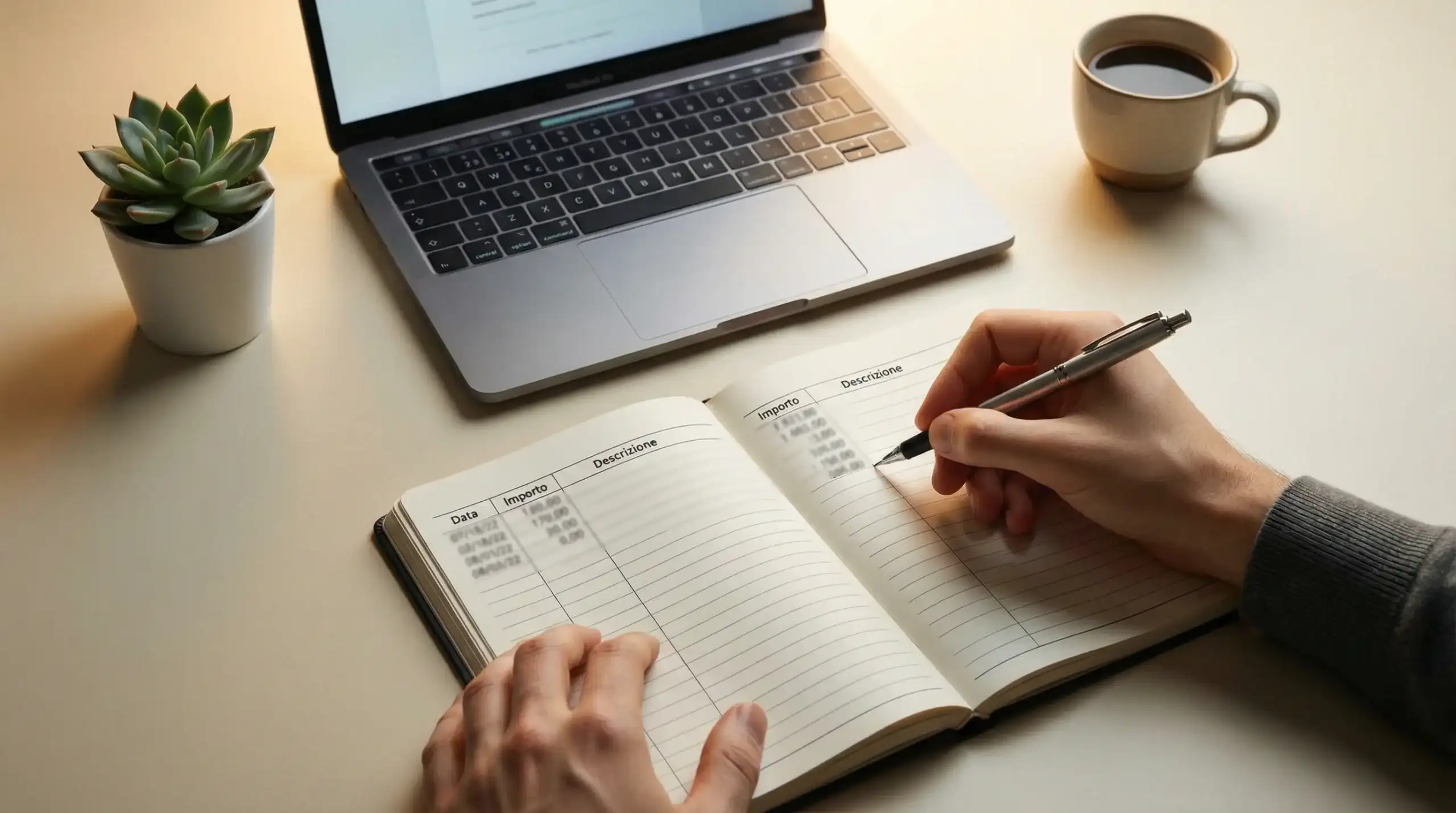 Persona che annota cifre su un quaderno con una penna accanto a un laptop