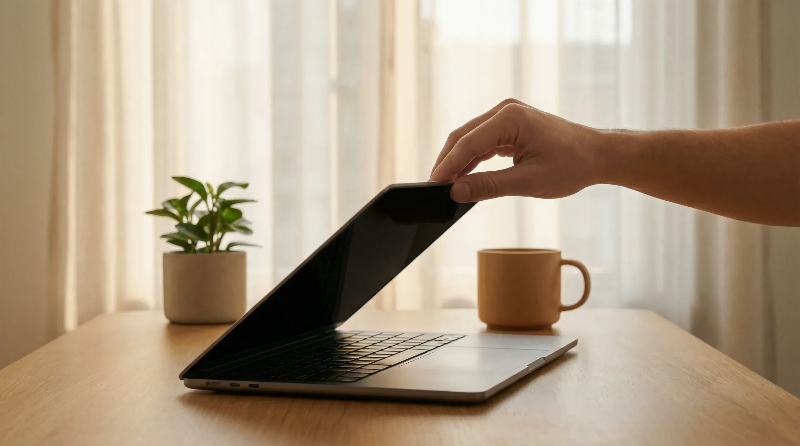 Mano che chiude un laptop su una scrivania con luce calda e una tazza di caffè