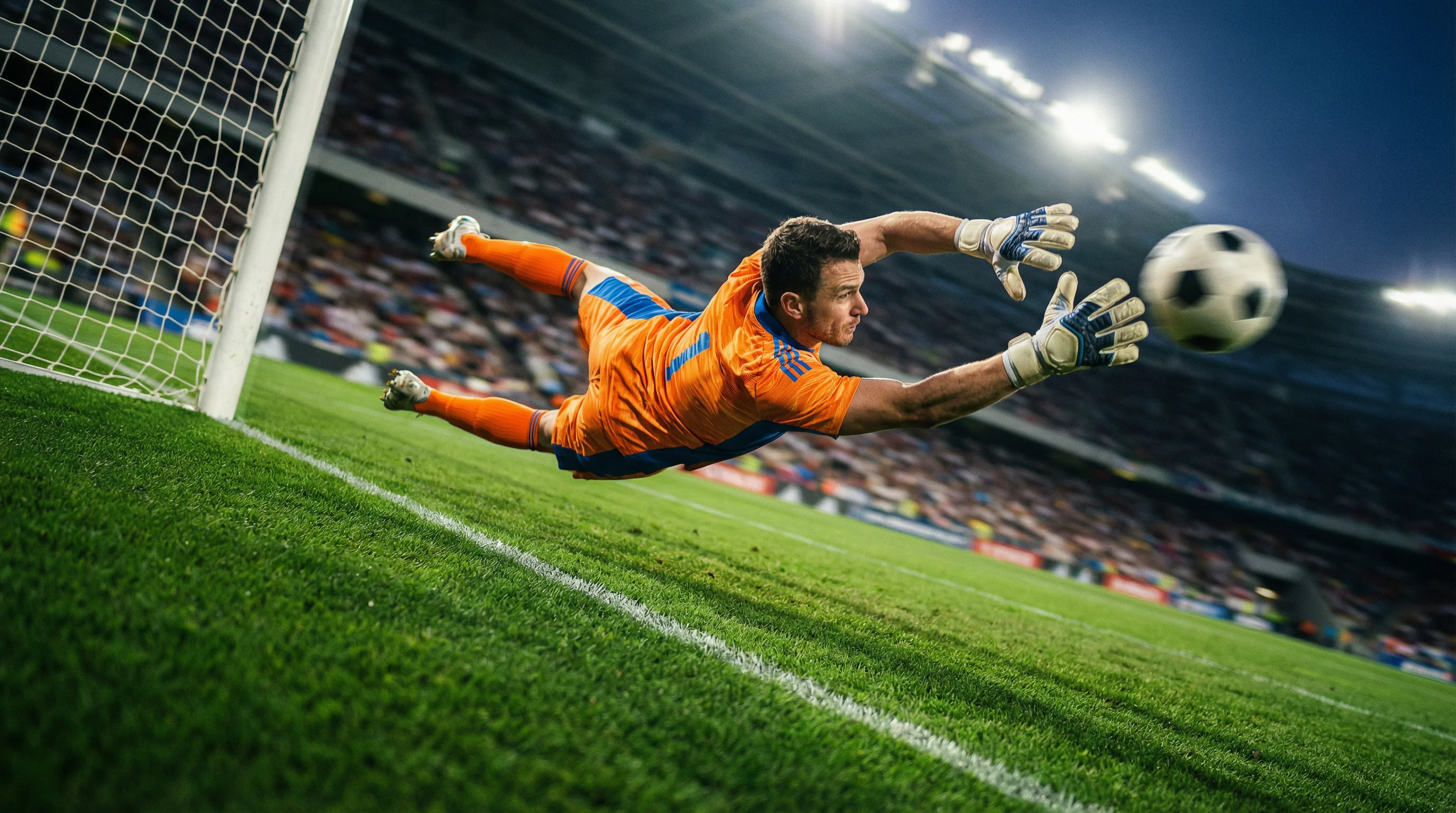Portiere di calcio che para un tiro durante una partita su campo in erba naturale
