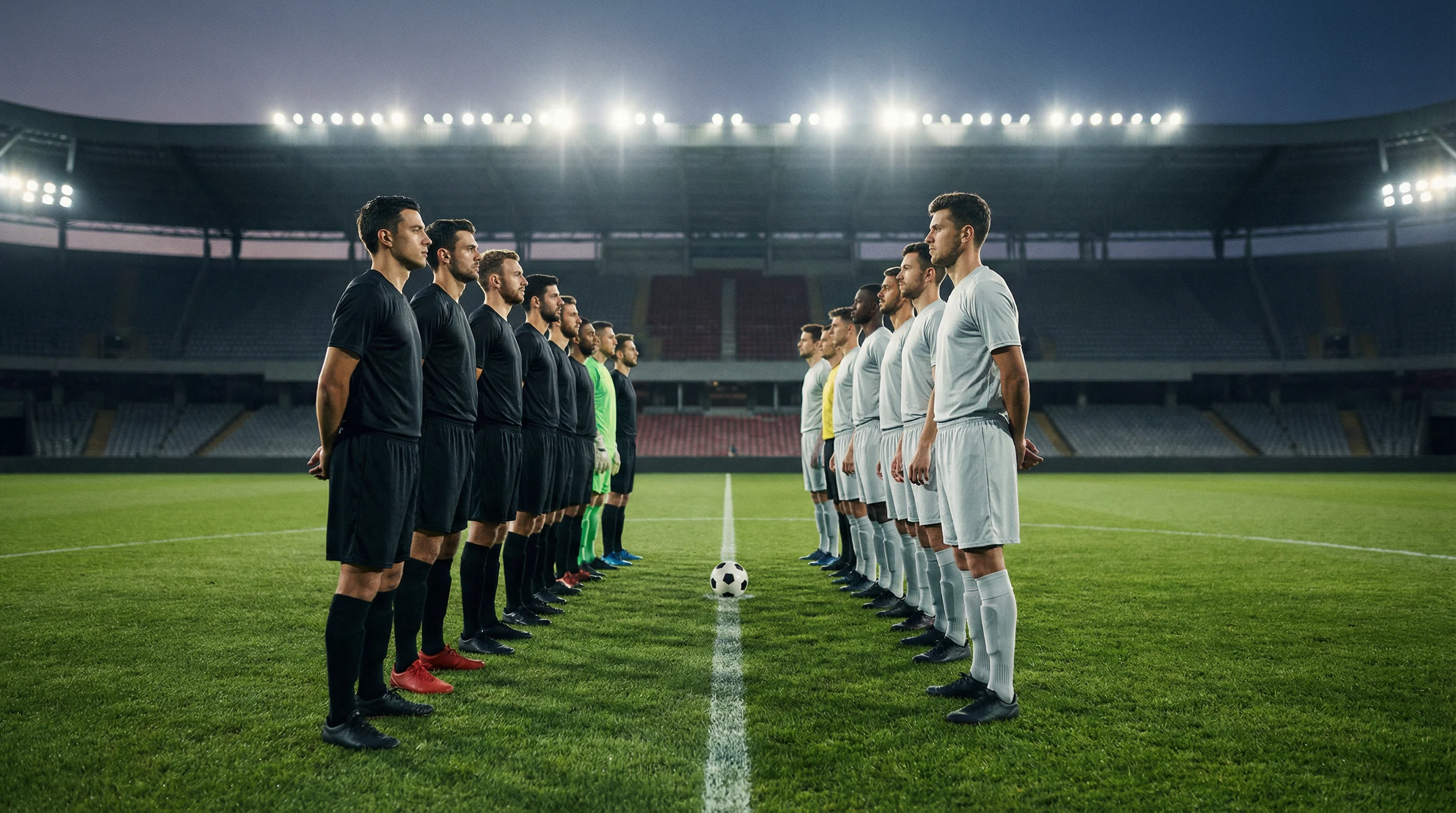 Due squadre di calcio schierate su un campo da gioco prima del fischio d'inizio
