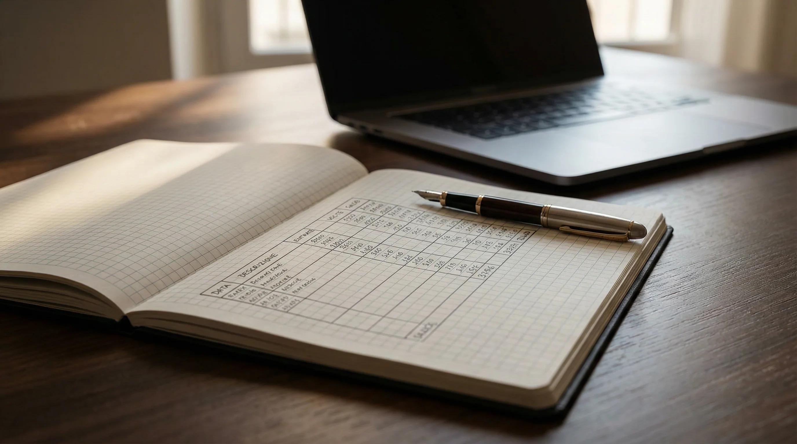 Blocco note con tabella numerica e penna su una scrivania accanto a un laptop