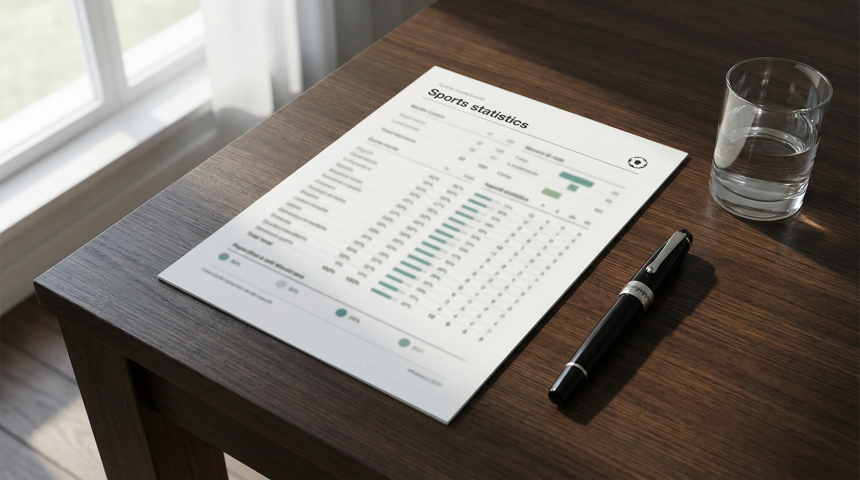 Primo piano di un foglio con percentuali e statistiche su una scrivania da analista sportivo