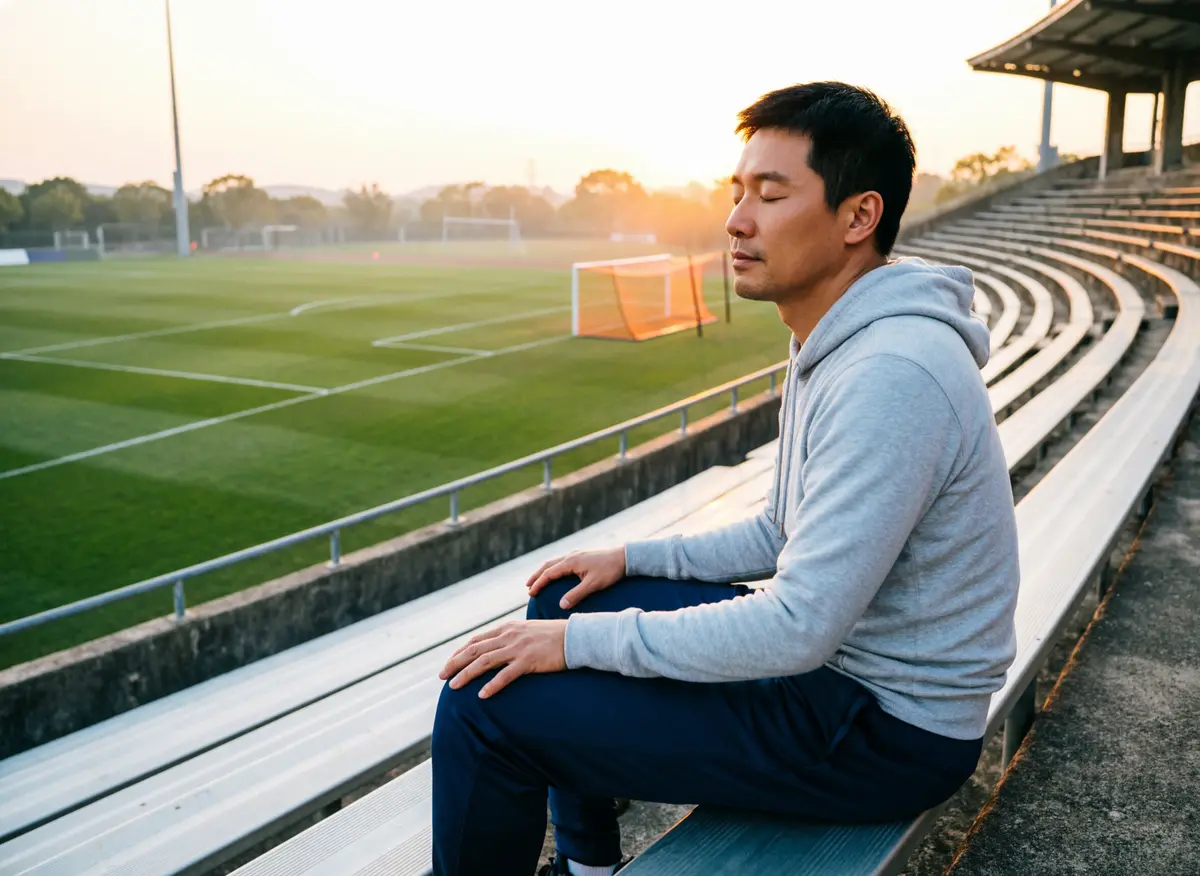 Persona concentrata che medita in uno stadio di calcio vuoto al tramonto