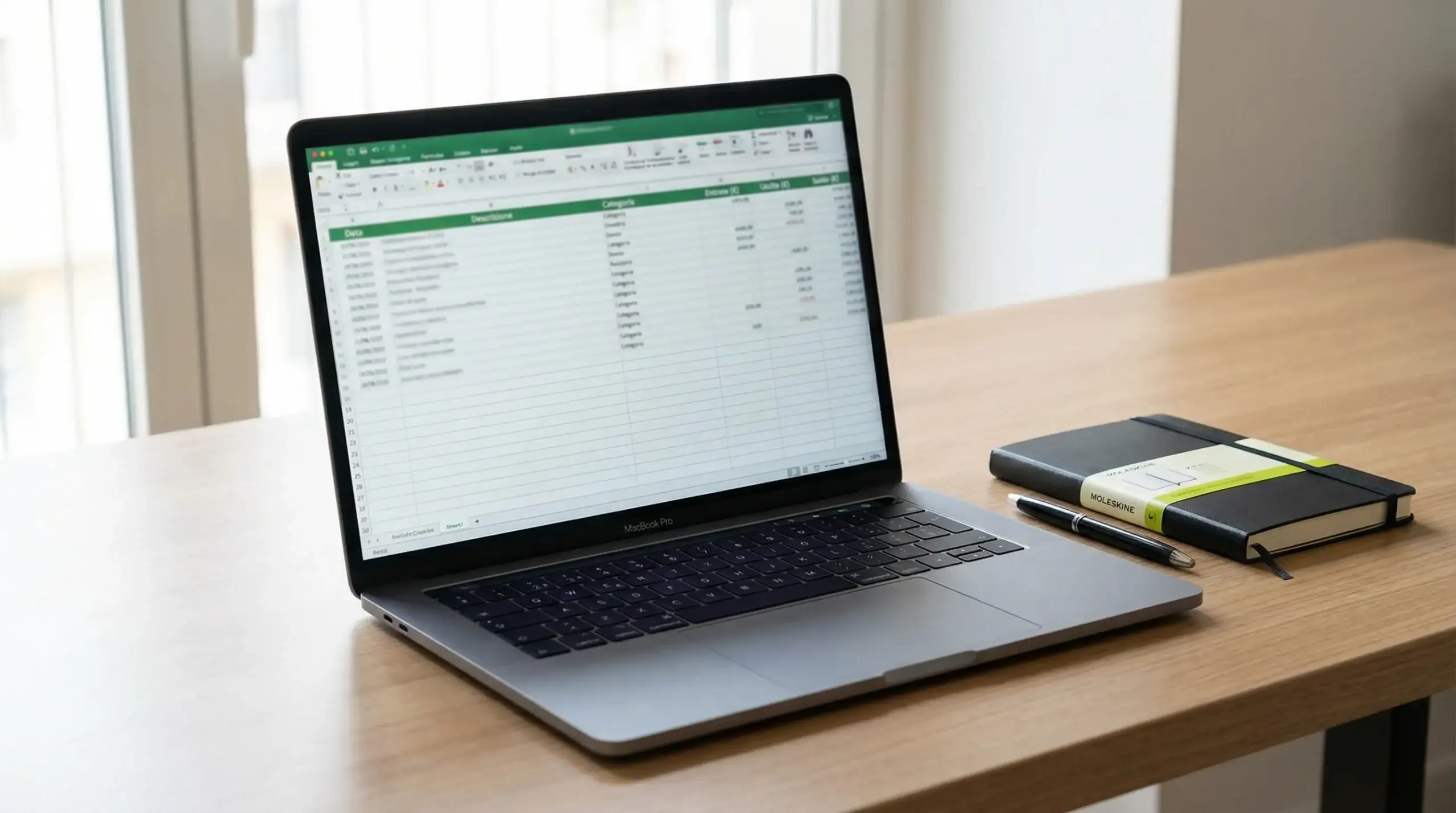 Foglio di calcolo con dati di scommesse aperto su un laptop in una scrivania ordinata
