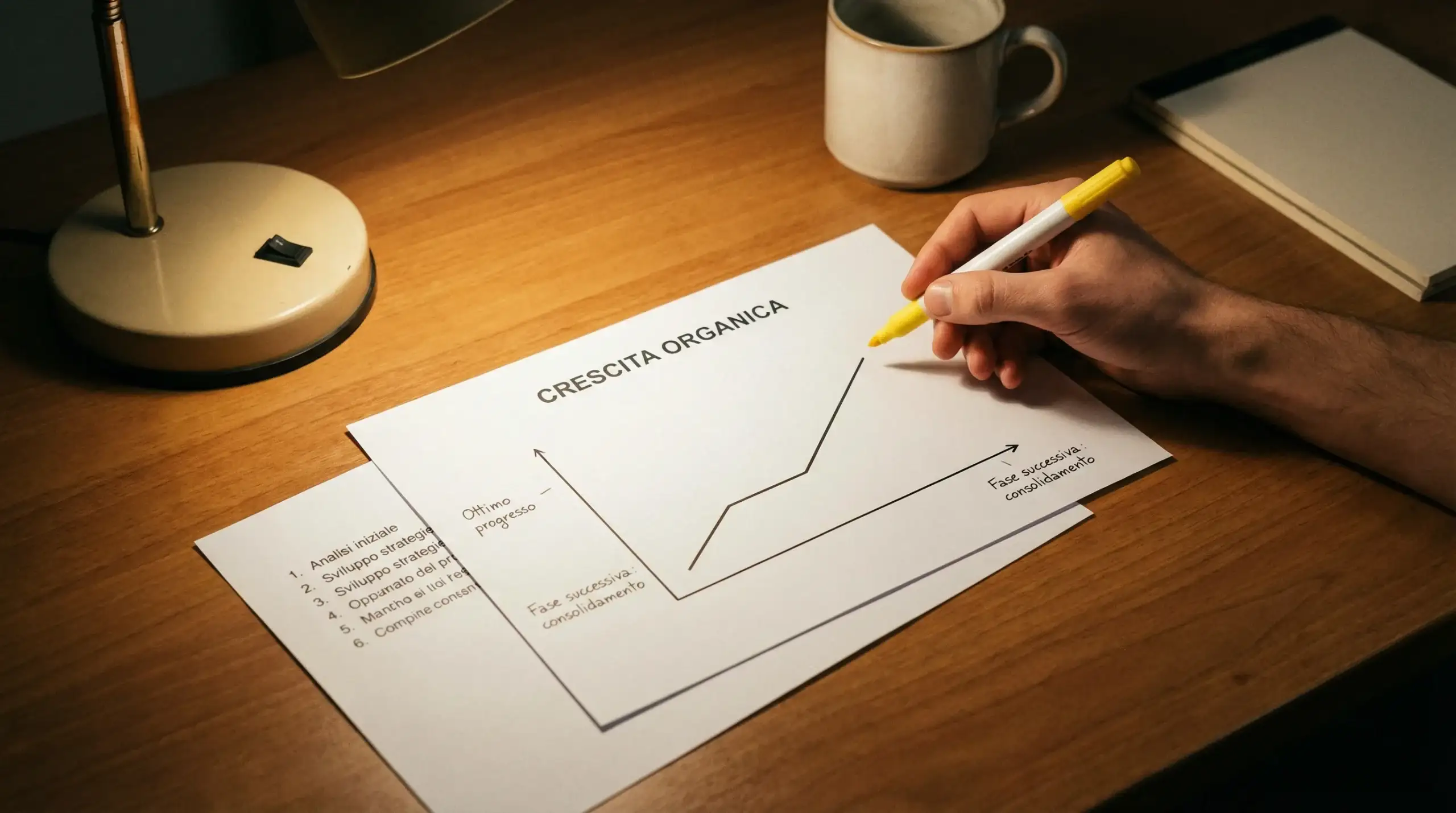 Persona che analizza un grafico di rendimento su carta con evidenziatore e appunti