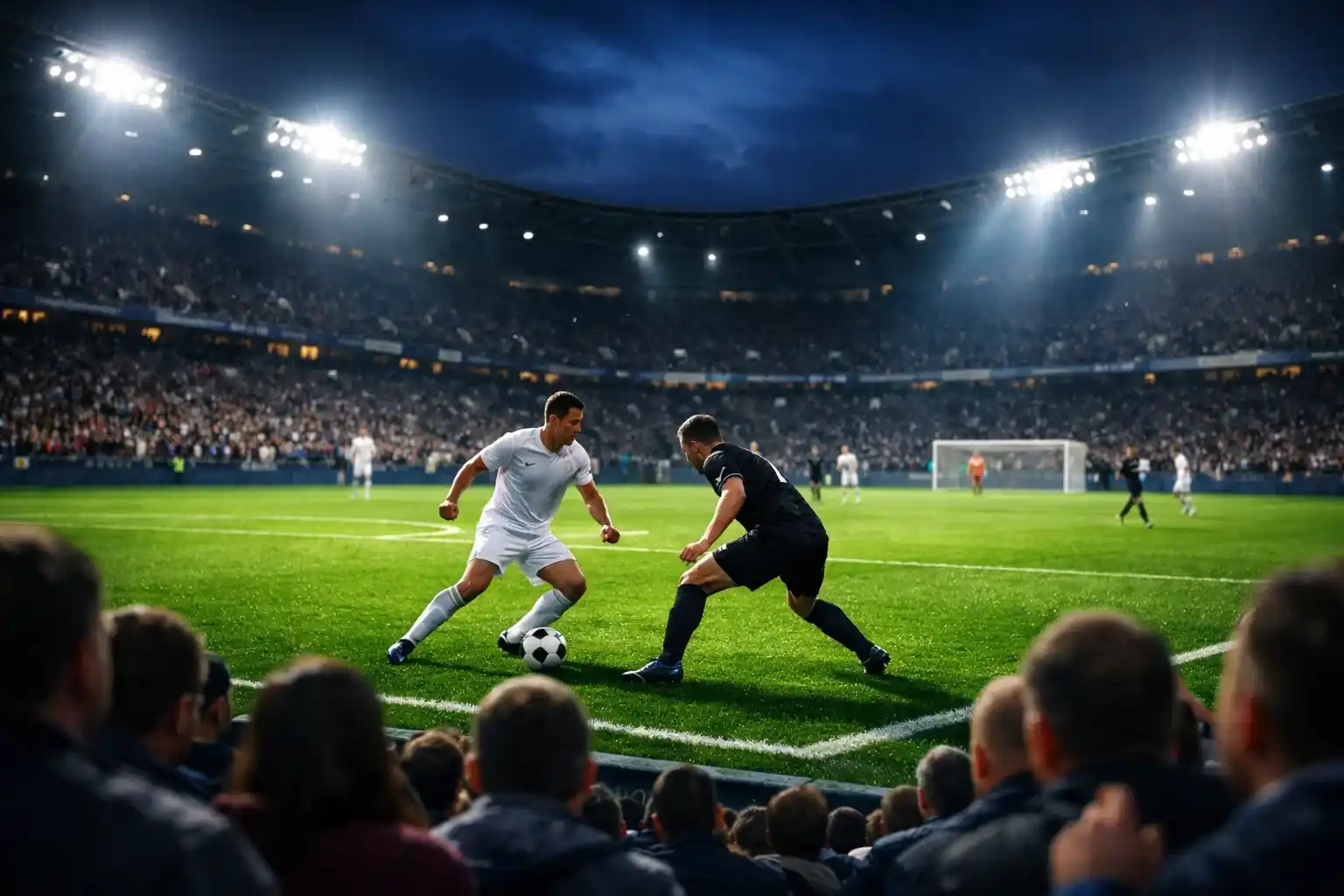 Tifoso che segue una partita di calcio dal vivo allo stadio con il campo illuminato sotto i riflettori
