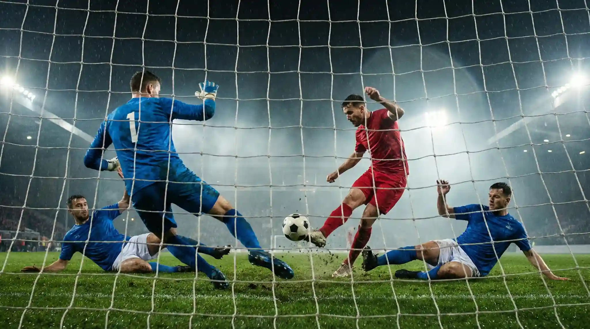 Partita di calcio in corso su un campo verde illuminato dai riflettori di sera
