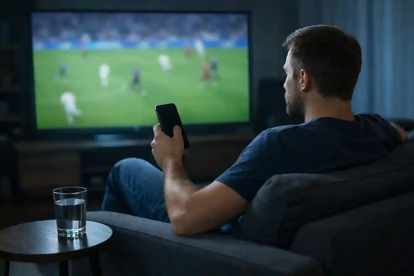 Persona guarda una partita di calcio in TV con smartphone in mano per scommesse live