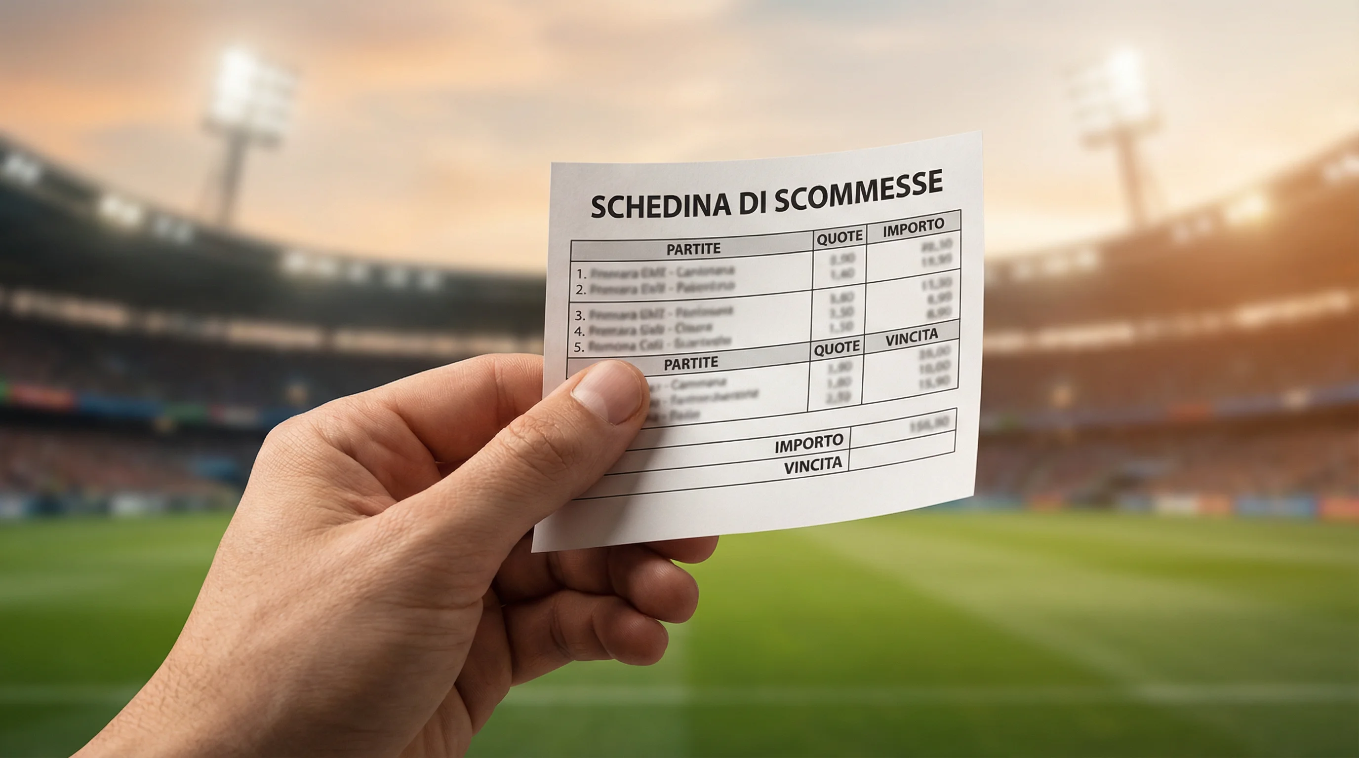 Mano che tiene una schedina di scommesse sportive davanti a uno stadio di calcio