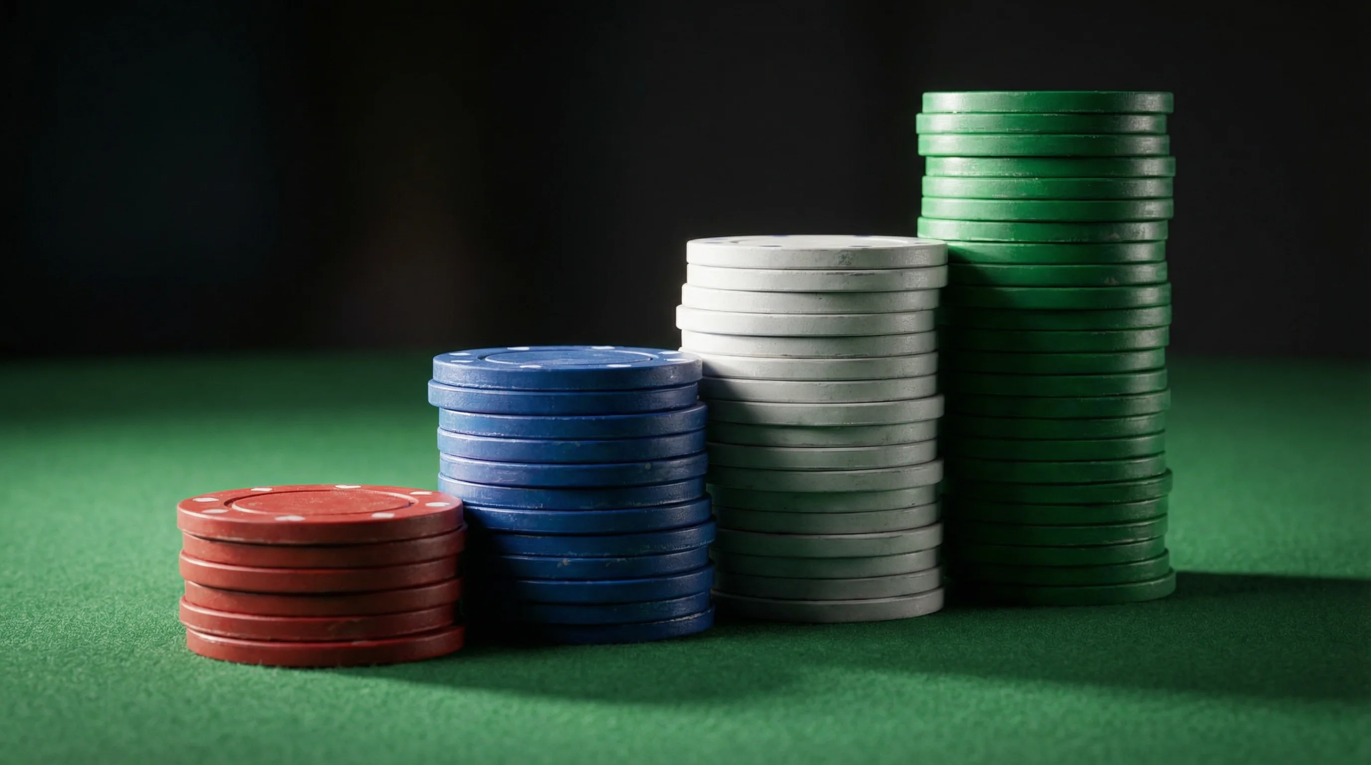 Sequenza di fiches impilate in ordine crescente su un tavolo verde da gioco