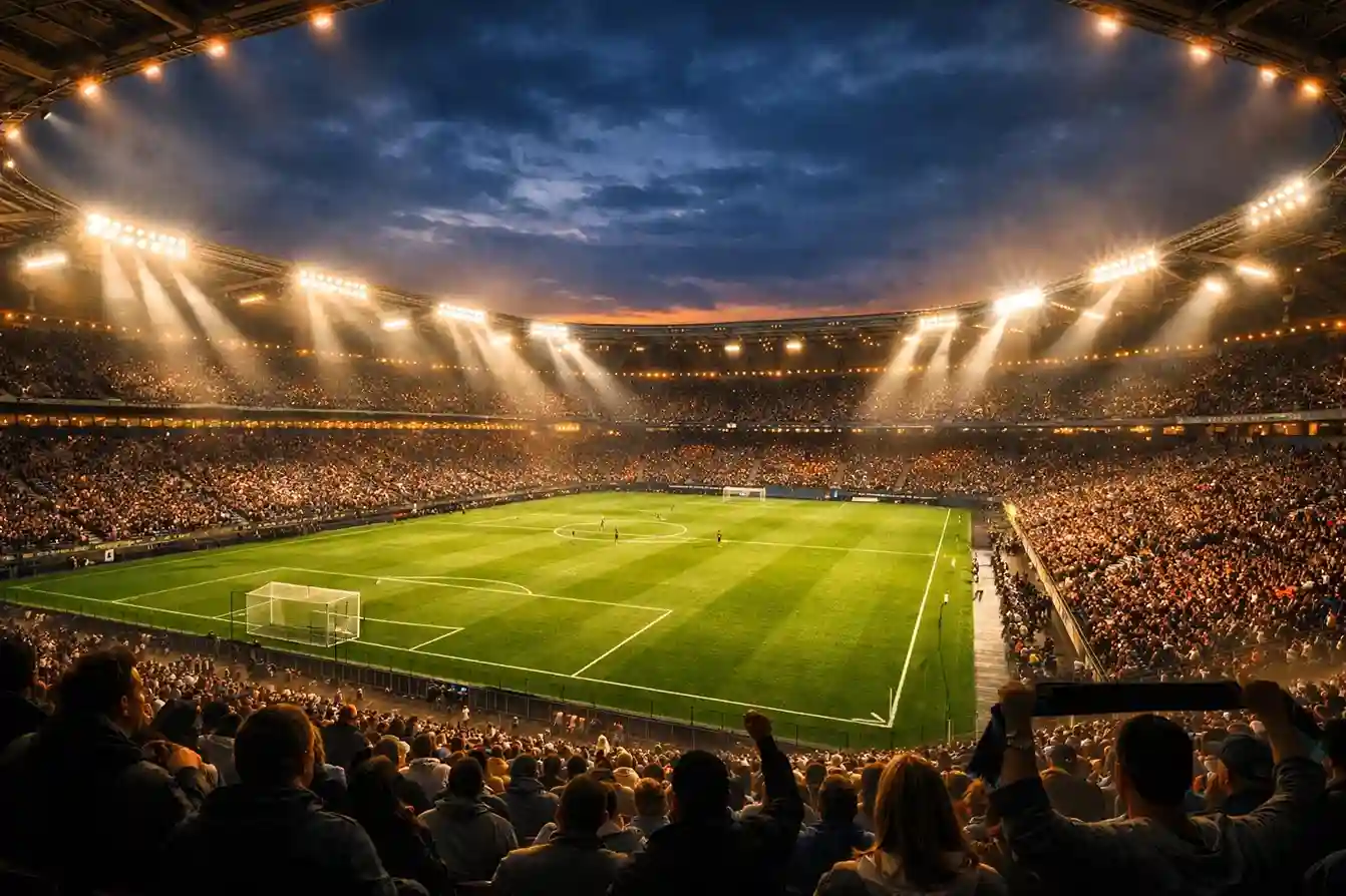 Stadio di calcio illuminato durante una partita serale con atmosfera intensa