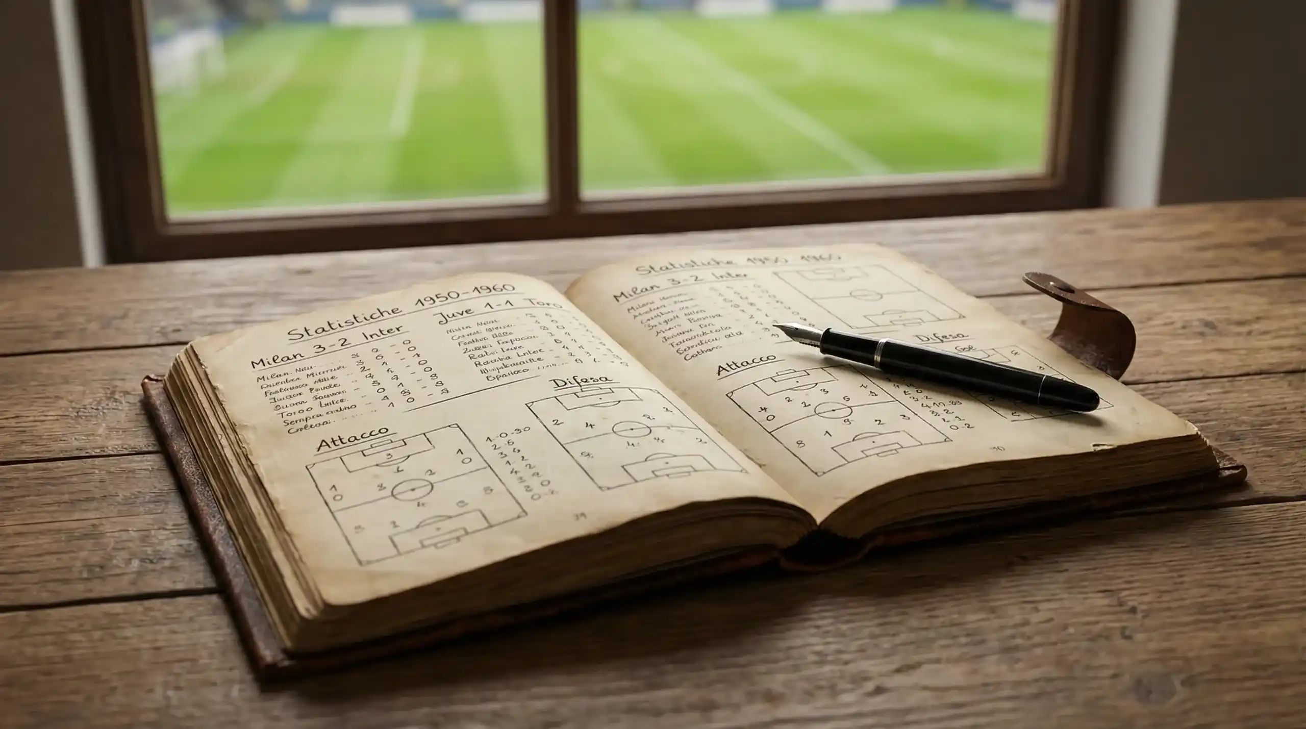 Quaderno con statistiche calcio e penna su un tavolo accanto a un campo da calcio