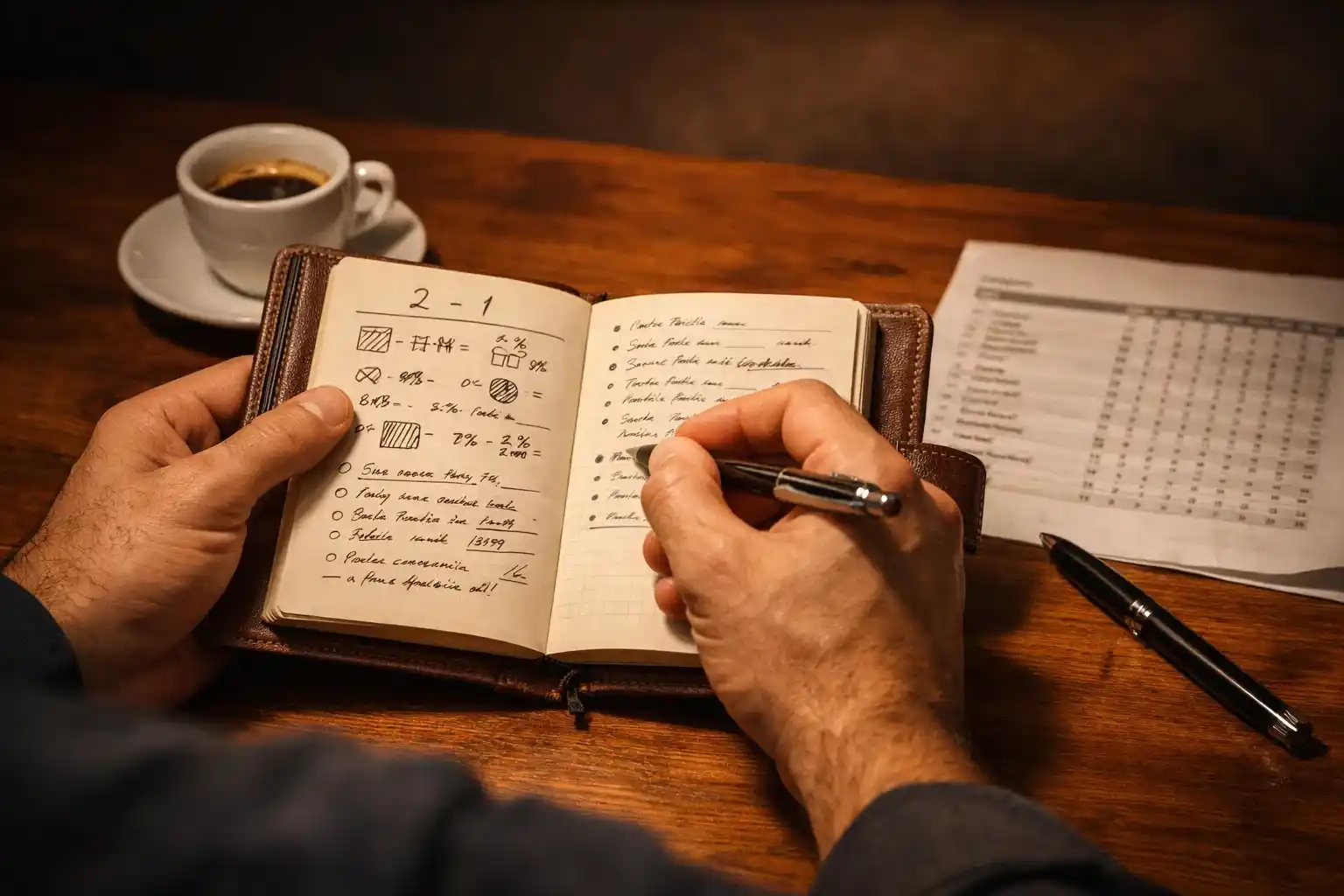 Scommettitore che analizza statistiche di calcio su un taccuino con dati e appunti