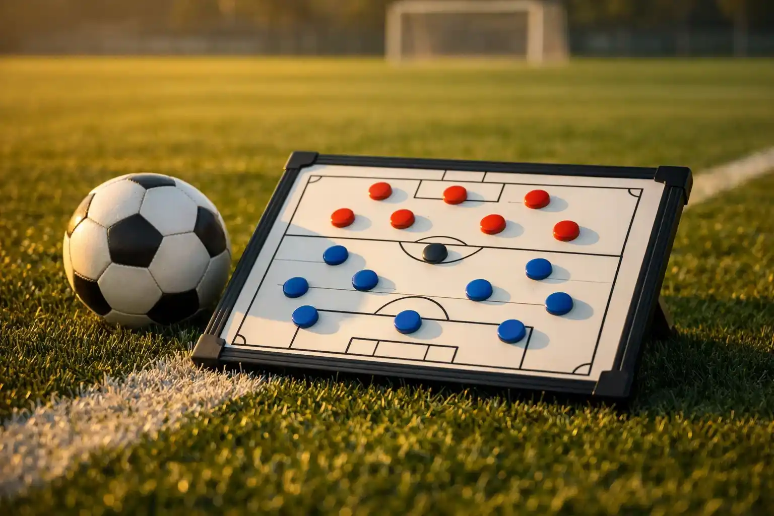 Panoramica dei mercati di scommesse sul calcio con scheda tattica e pallone su un campo verde