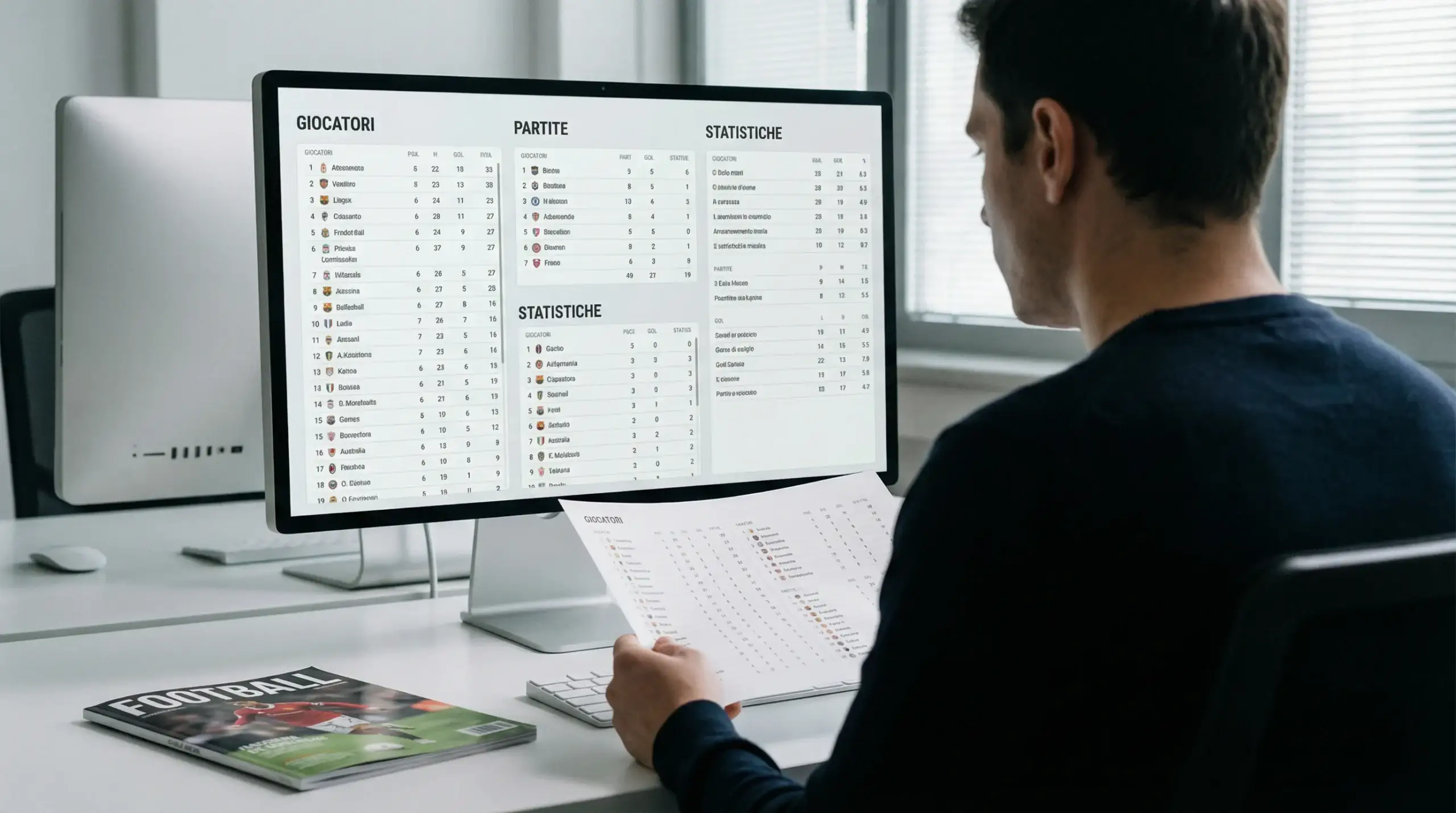 Persona che verifica dati e statistiche su uno schermo con pronostici di calcio