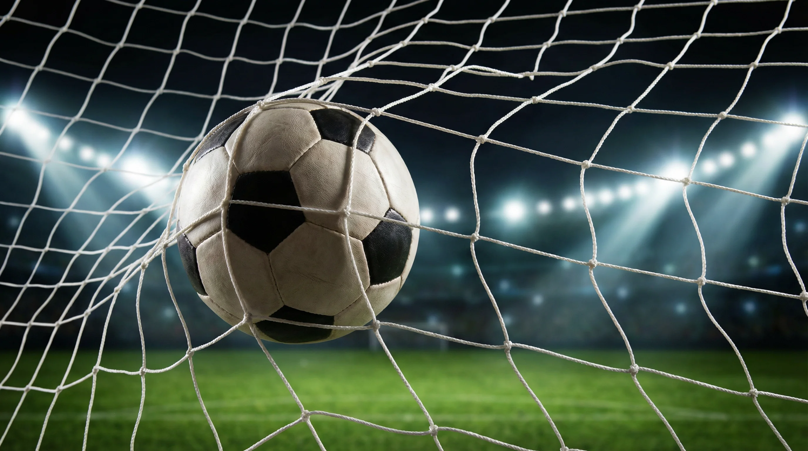 Pallone da calcio che entra in rete durante un gol in una partita notturna